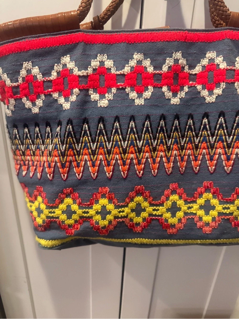 Tory Burch Taylor Aztec Linen Multicolor Woven Tote with Tassel
